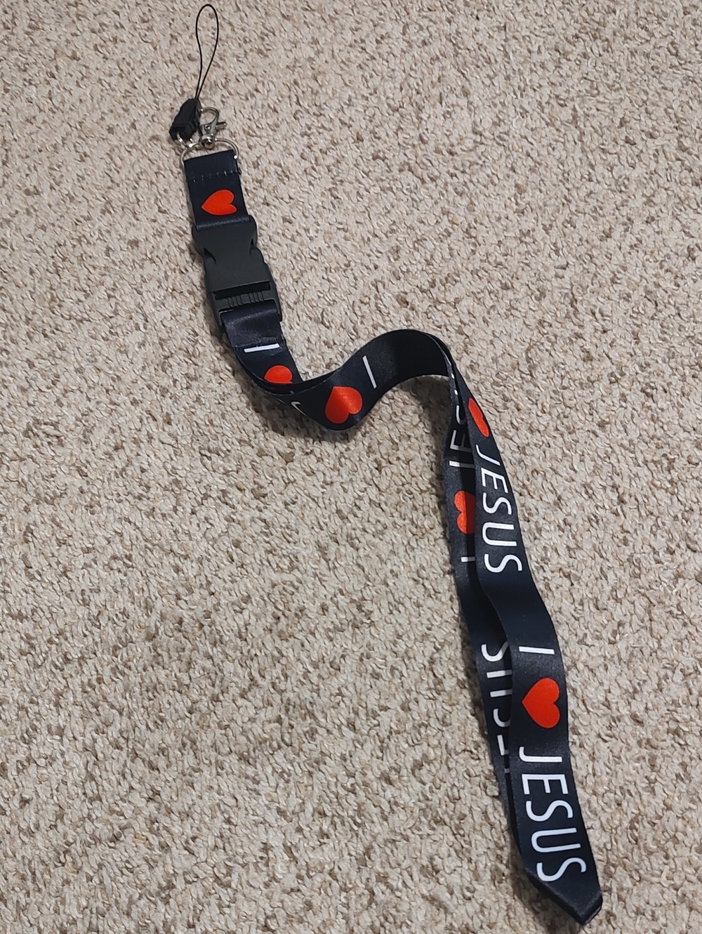I Love Jesus Black Lanyard with Red Heart Print